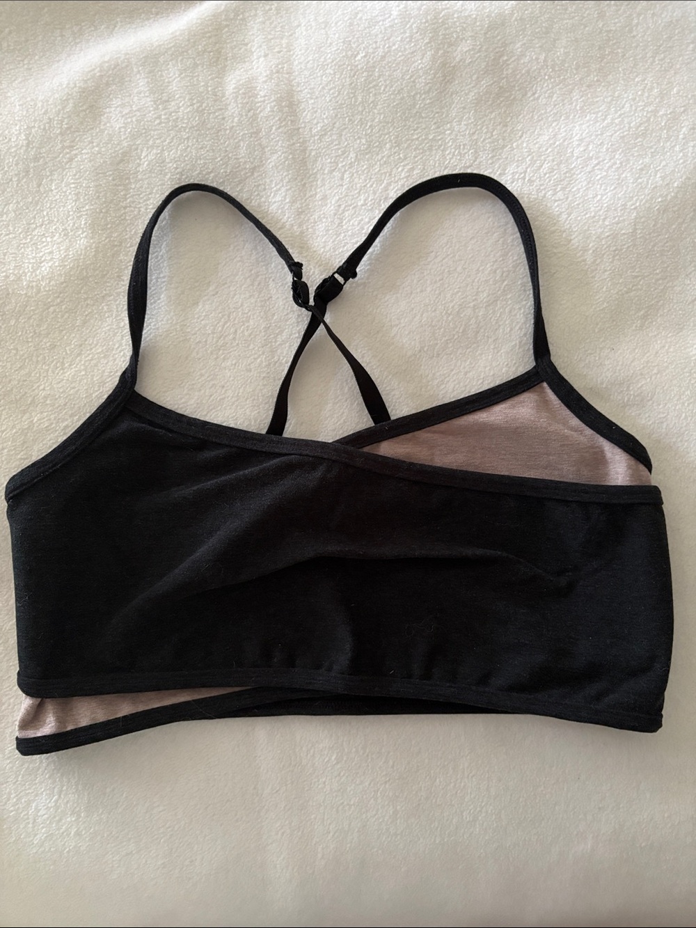 Beyond Yoga Black with Taupe Lining Crossover Sports Bralette